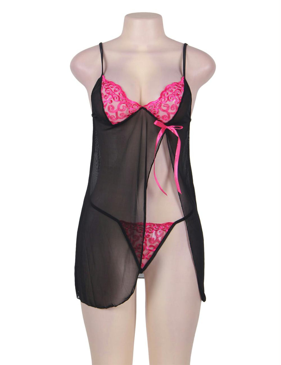 Sheer Black Tulle Pink Embroidered Babydoll