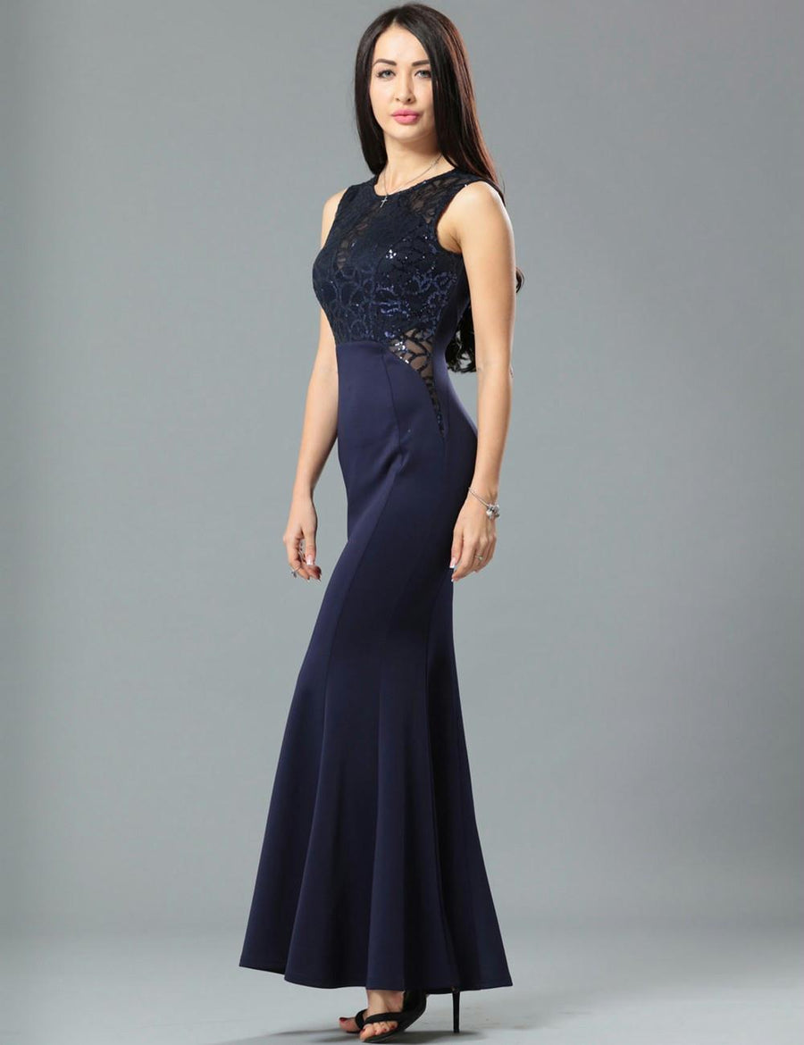 Dark Blue Ruffle Open Back Maxi Dress