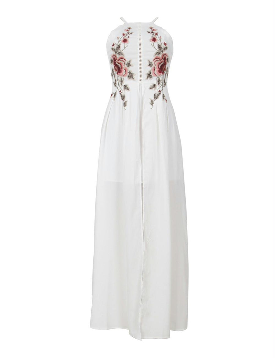 Elegant White Embroidery Backless Long Dress