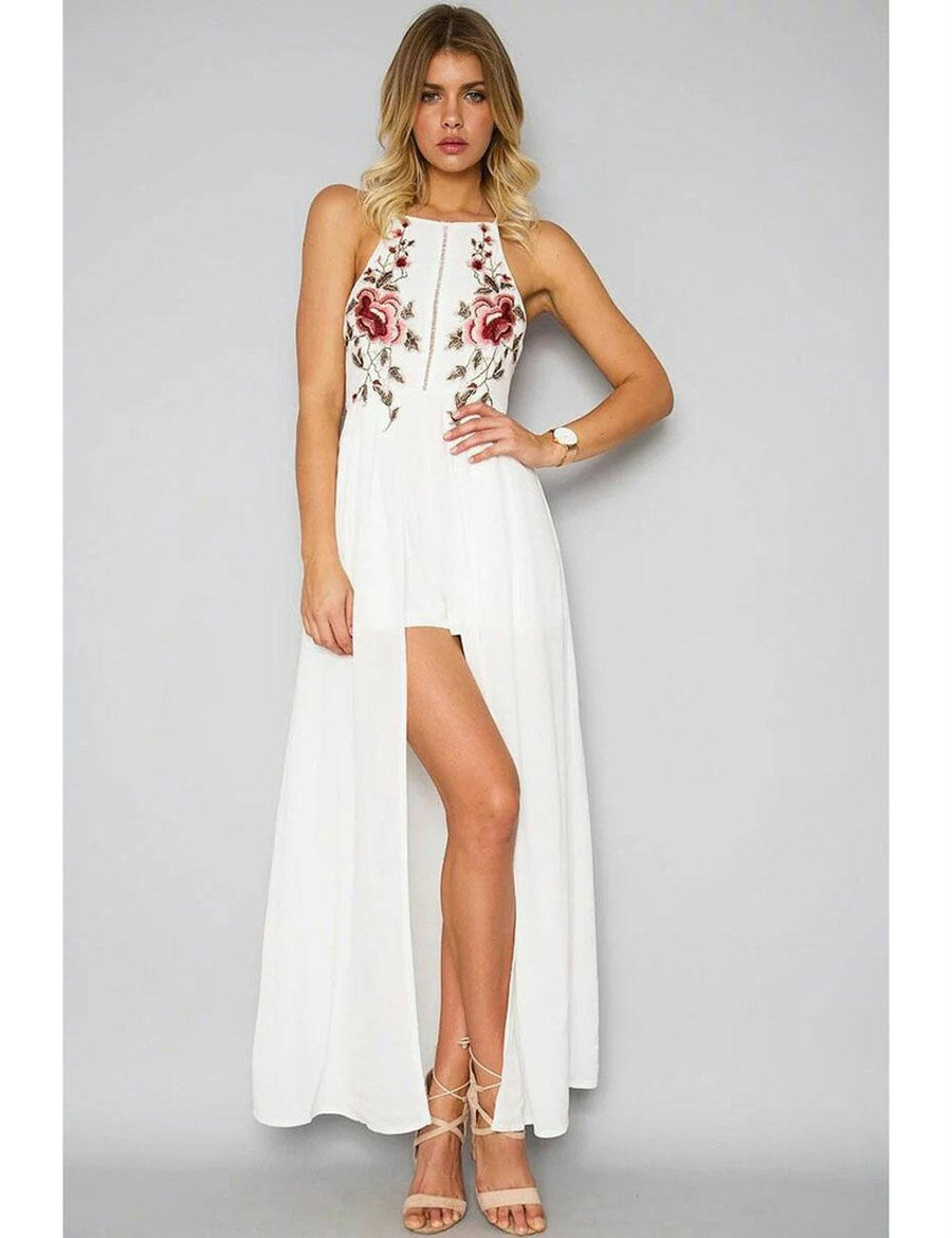 Elegant White Embroidery Backless Long Dress