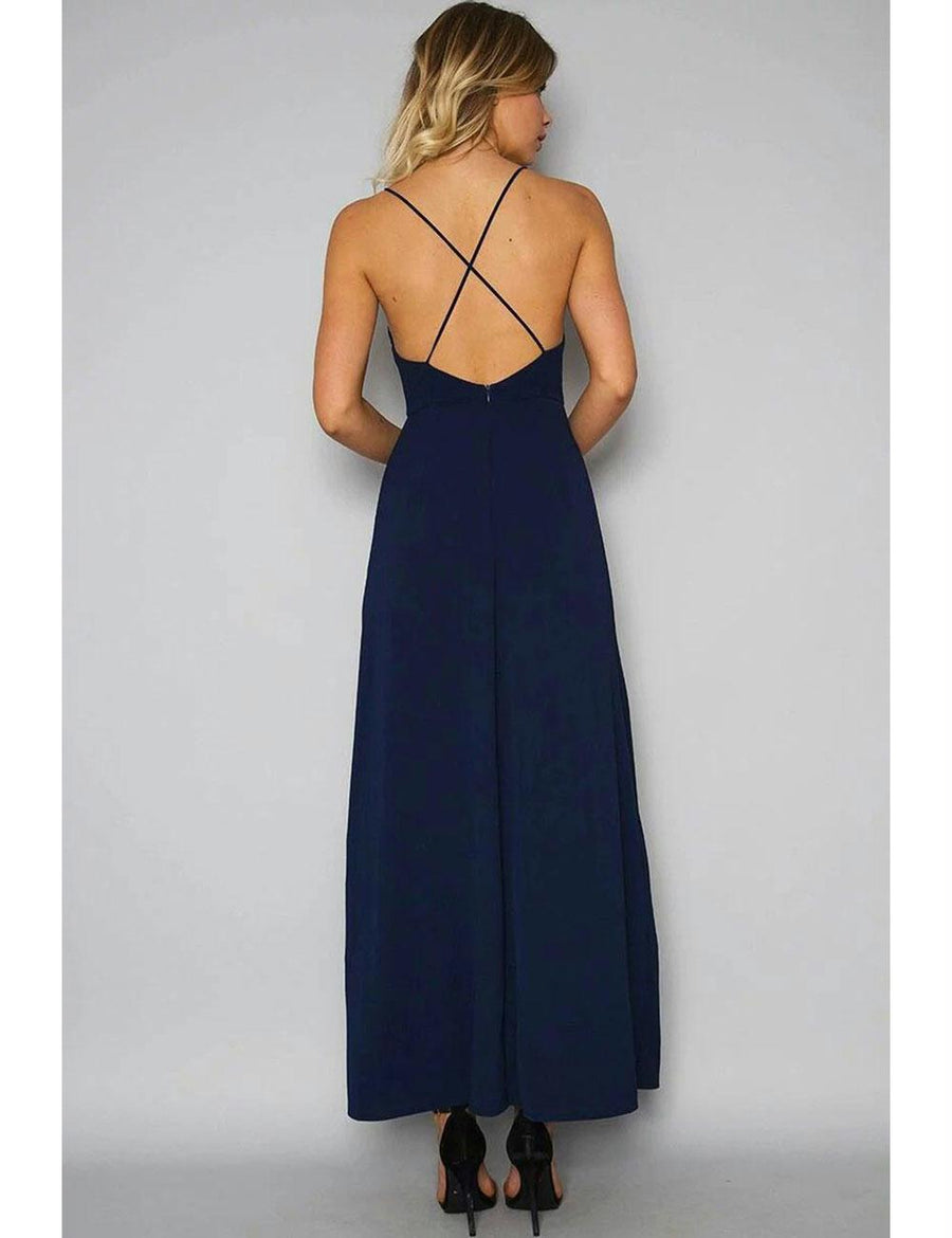 Elegant Dark Blue Embroidery Backless Long Dress