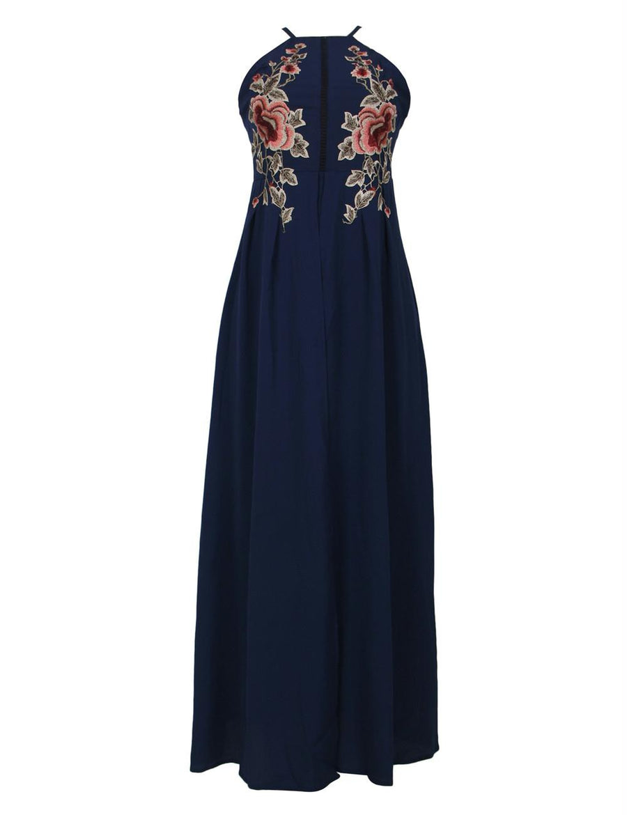 Elegant Dark Blue Embroidery Backless Long Dress