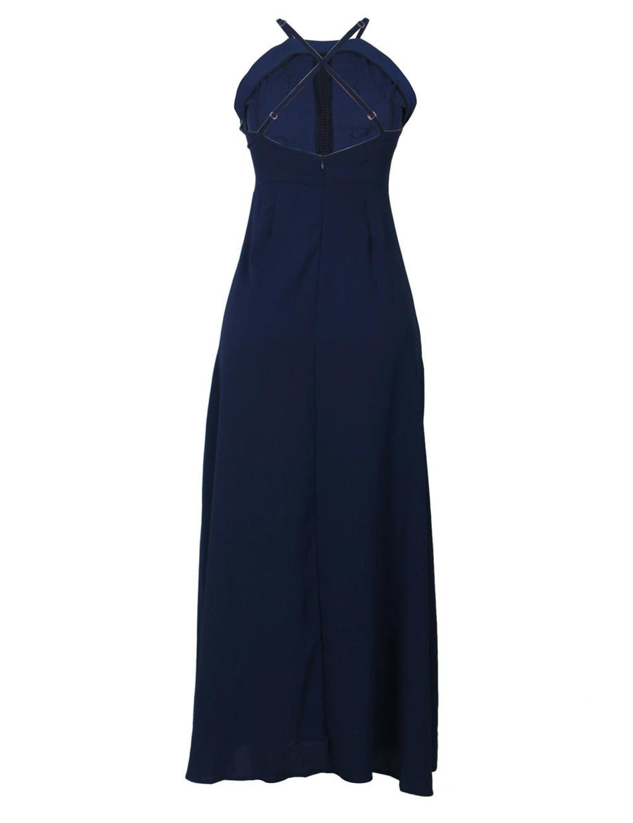 Elegant Dark Blue Embroidery Backless Long Dress