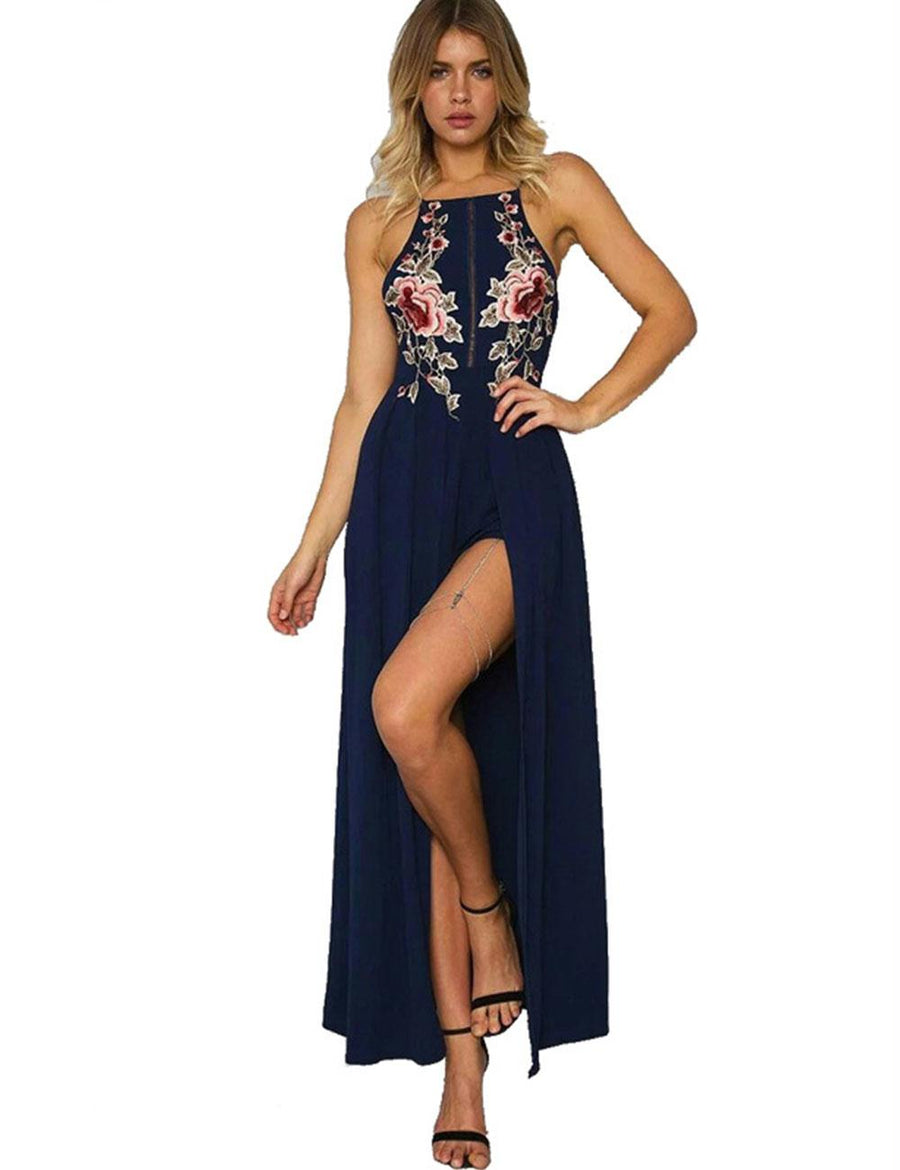 Elegant Dark Blue Embroidery Backless Long Dress