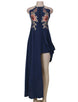 Elegant Dark Blue Embroidery Backless Long Dress