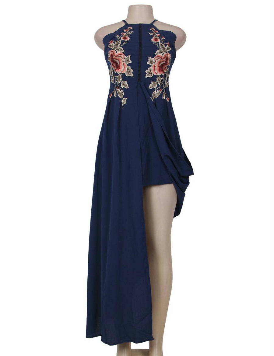 Elegant Dark Blue Embroidery Backless Long Dress