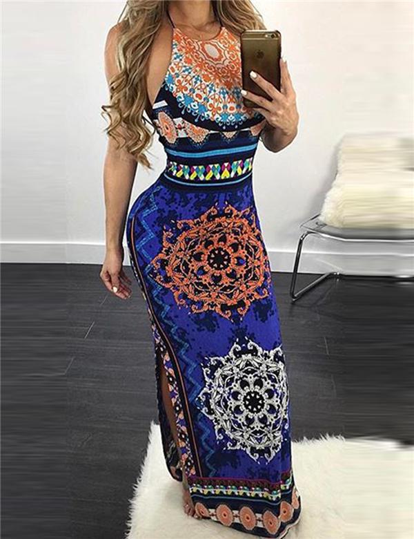 Dark Royal African Pattern Flowered Halter Long Dress