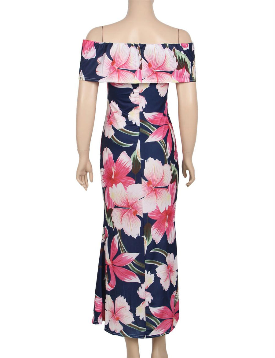 Navy Blue Roses Print Off-Shoulder Long Dress