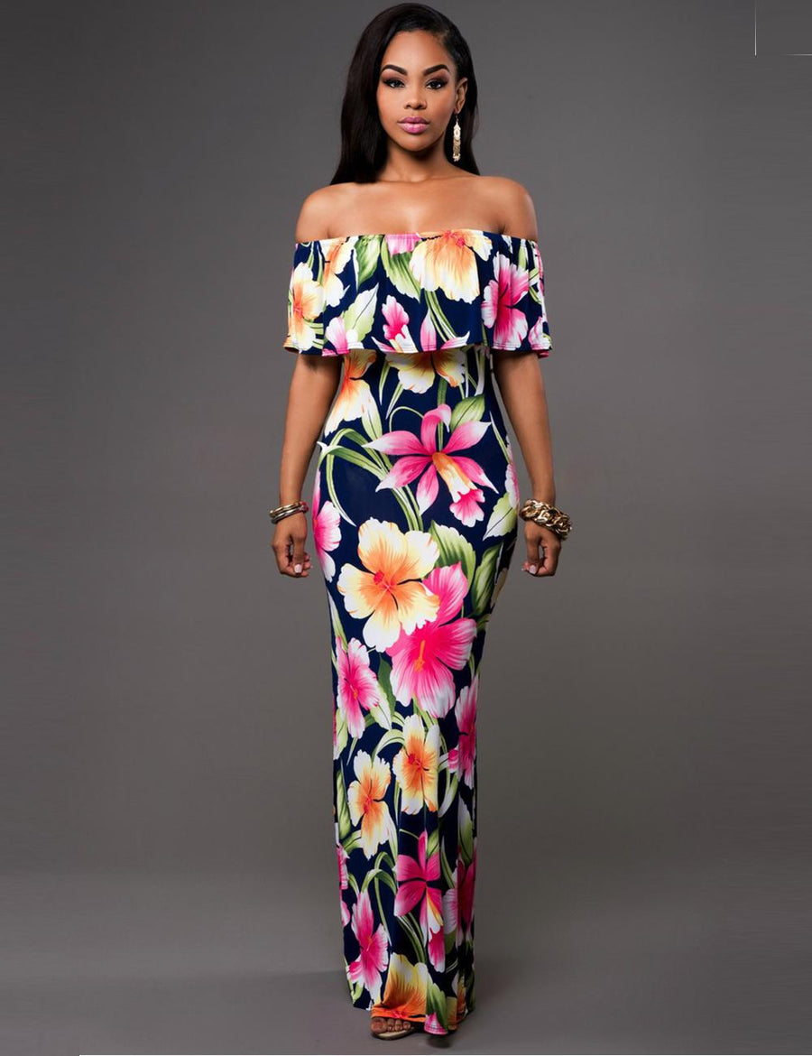 Navy Blue Roses Print Off-Shoulder Long Dress