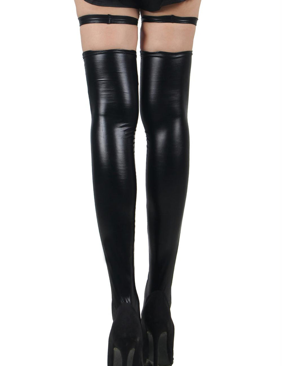 Black Faux Leather Fetish Stockings