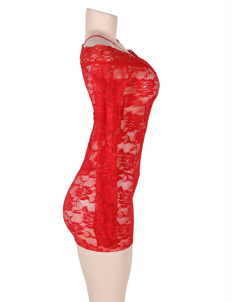 Sexy Off -Shoulder Sheer Red Lace Chemise Dress