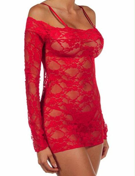 Sexy Off -Shoulder Sheer Red Lace Chemise Dress