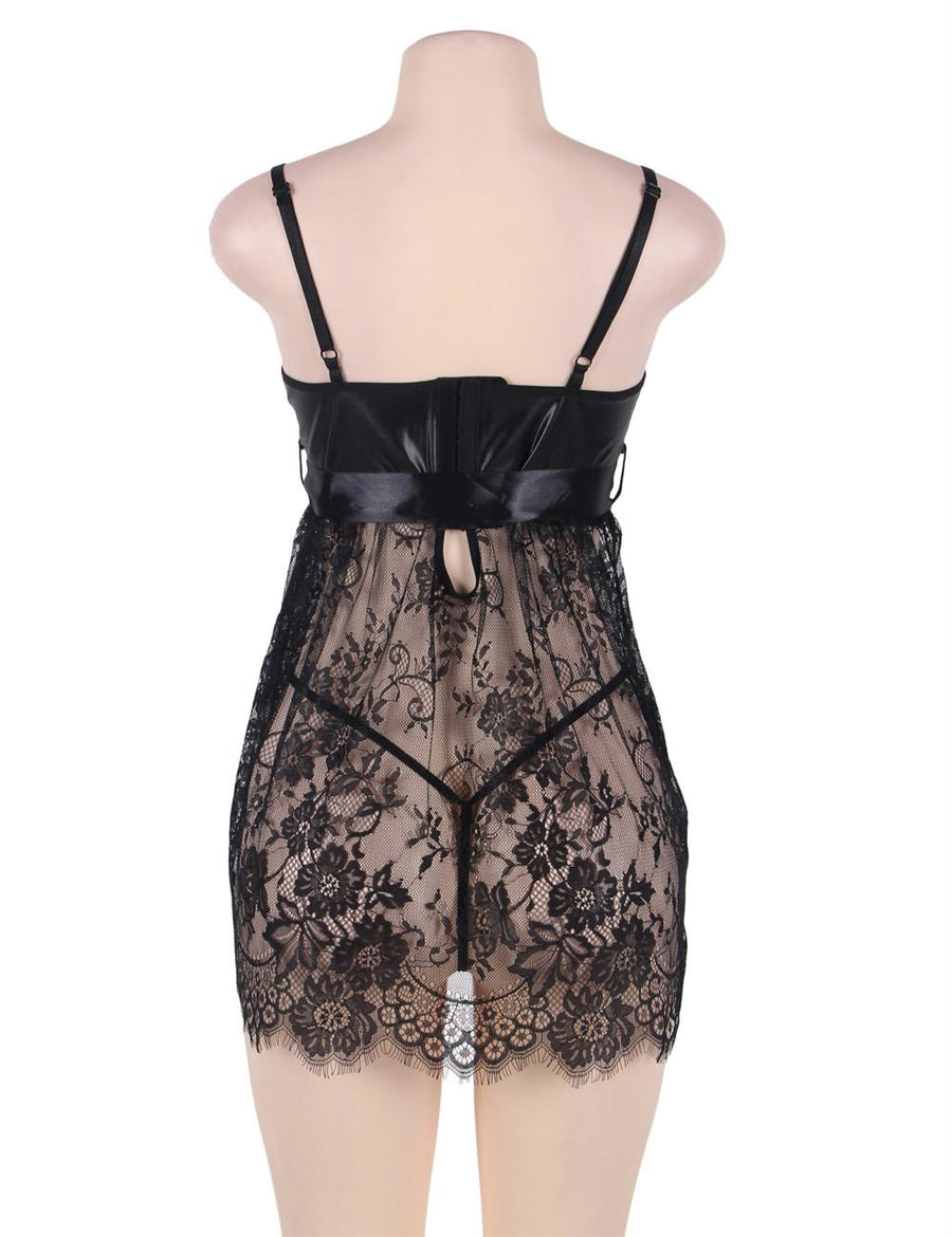 Sexy Black Eyelash Trim Lace Babydoll Set