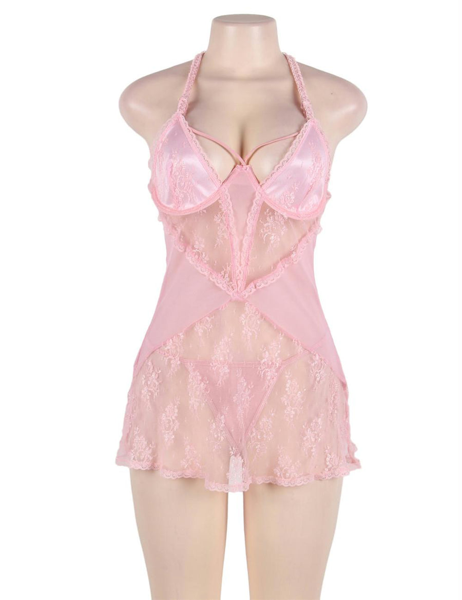 Seduction Pink Lace Transparente Halter Sexy Babydoll