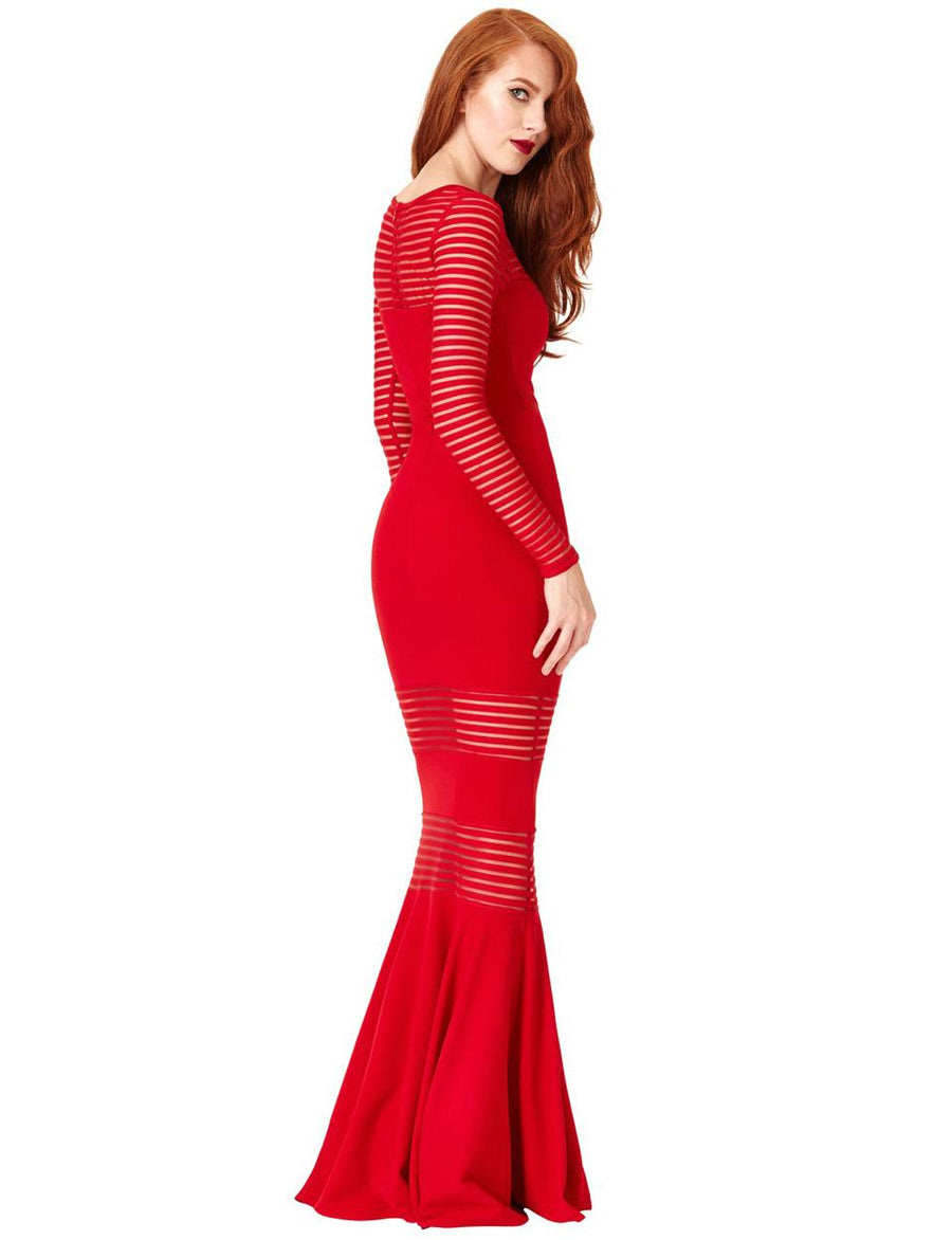 Red Stripe Fishtail Long Sleeve Evening Dress