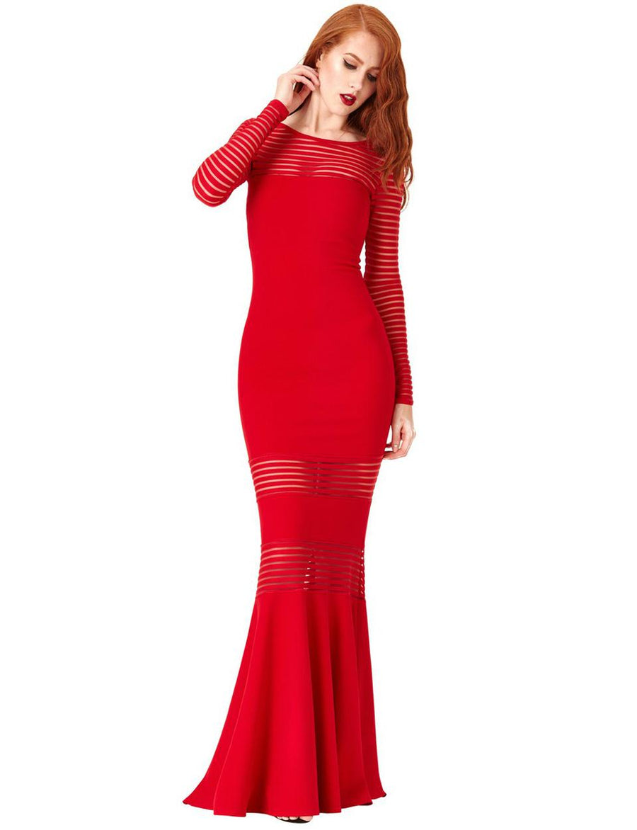 Red Stripe Fishtail Long Sleeve Evening Dress