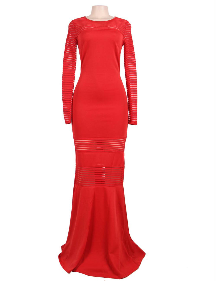 Red Stripe Fishtail Long Sleeve Evening Dress