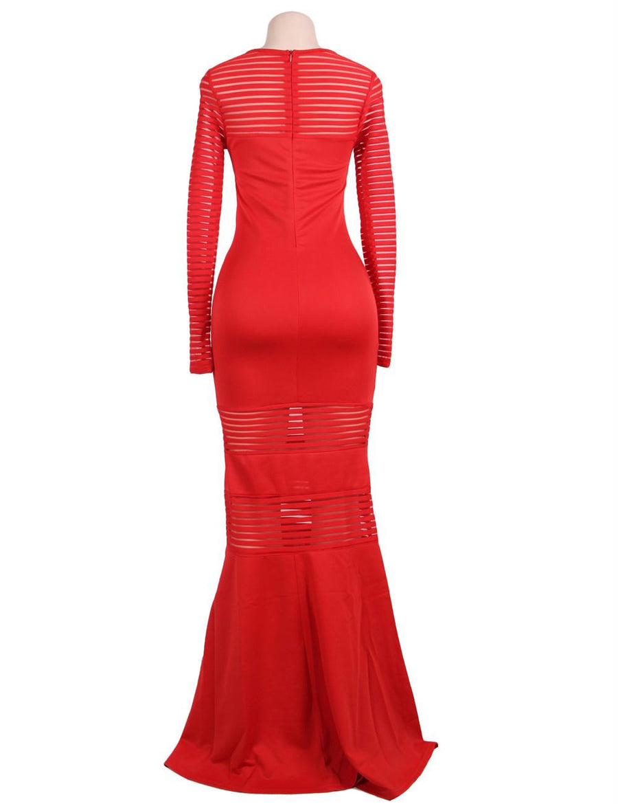 Red Stripe Fishtail Long Sleeve Evening Dress