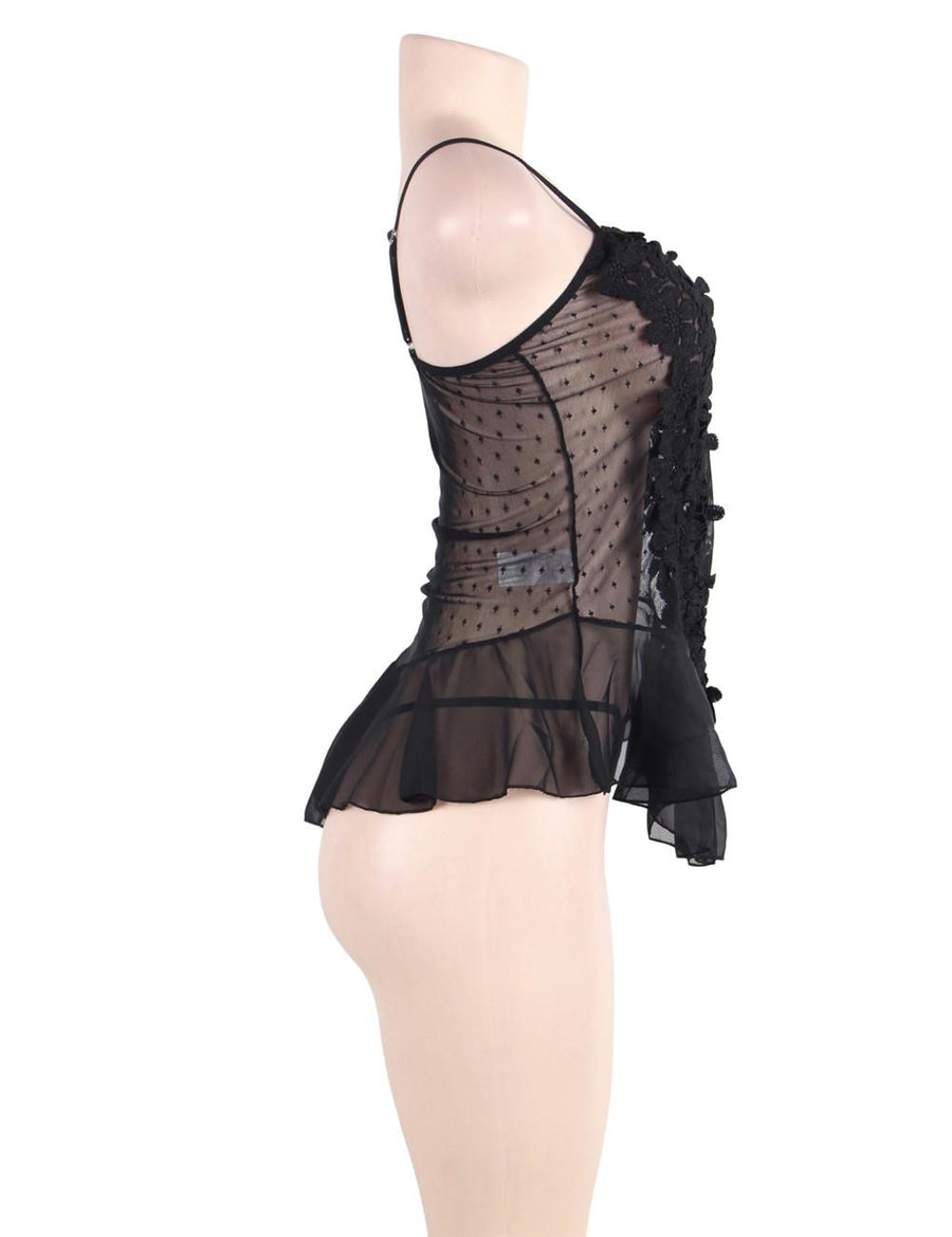 Plus Size Black Stereoscopic Flower Lace Babydoll