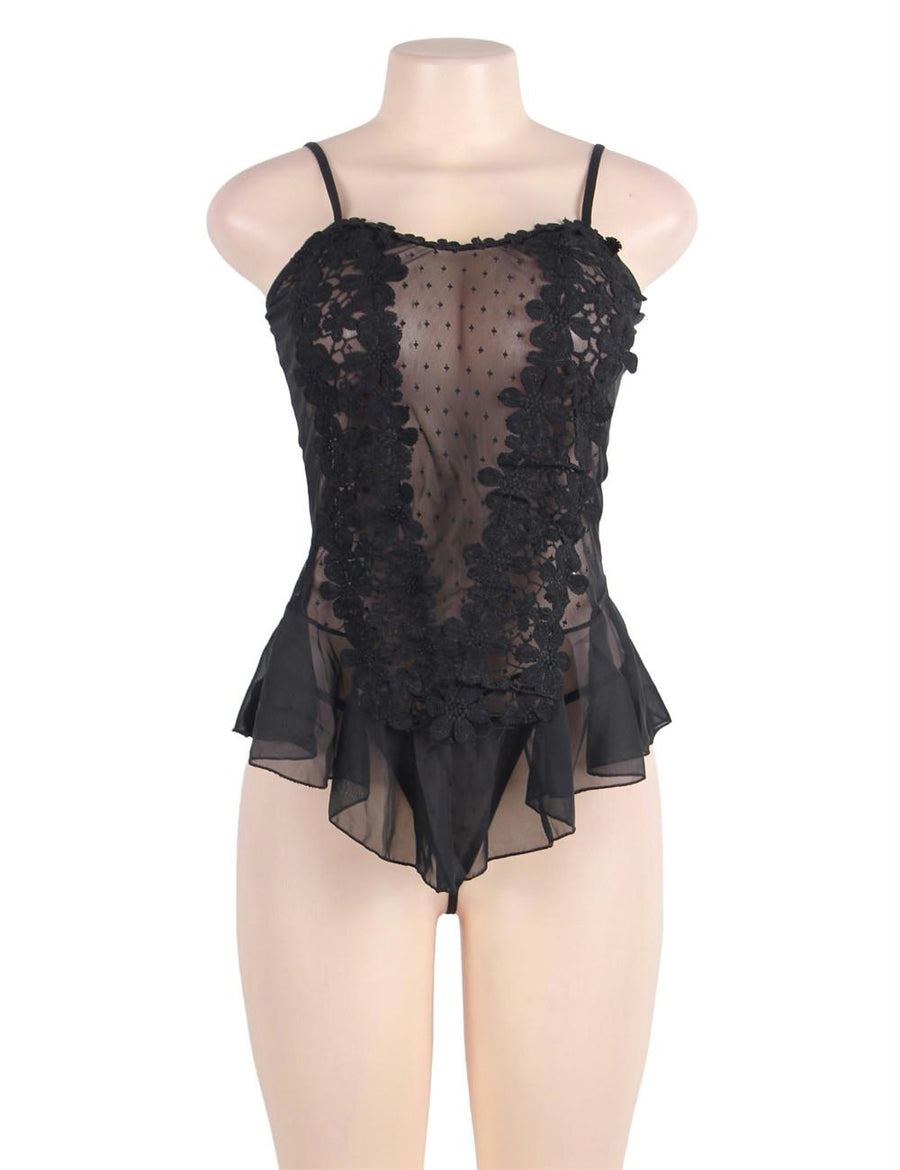 Plus Size Black Stereoscopic Flower Lace Babydoll