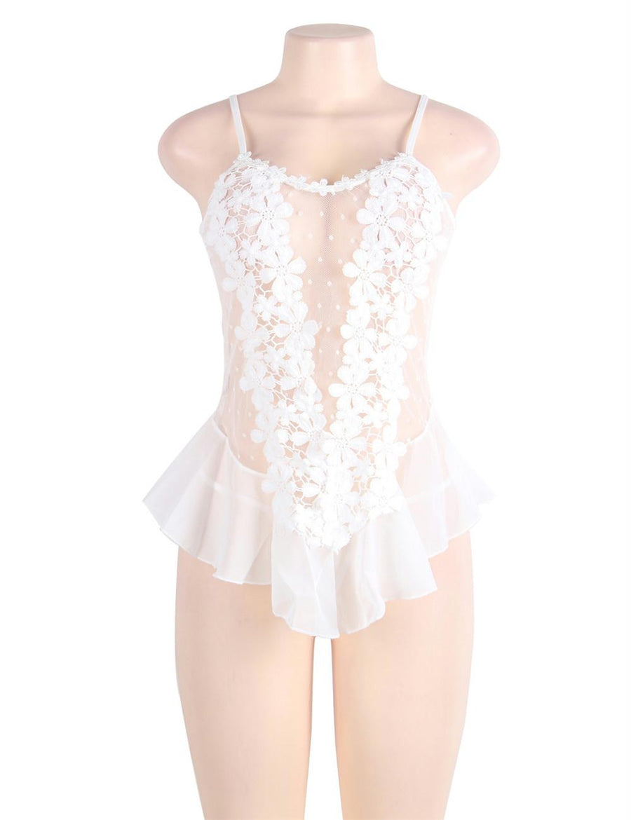 Plus Size White Stereoscopic Flower Lace Babydoll