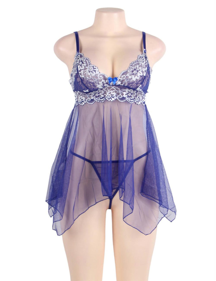 Blue Sheer Mesh Babydoll Lingerie With G String