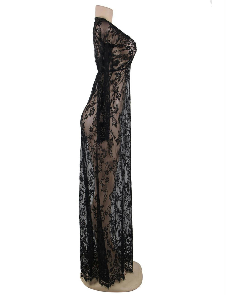 Black Delicate Lace Long Sleepwear Gown