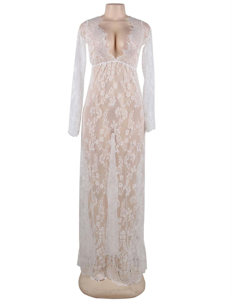 White Long Sleeve Lace Sleepwear Gown