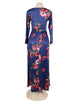 Pocket Design Long Sleeve Dark Blue Floral Maxi Dress