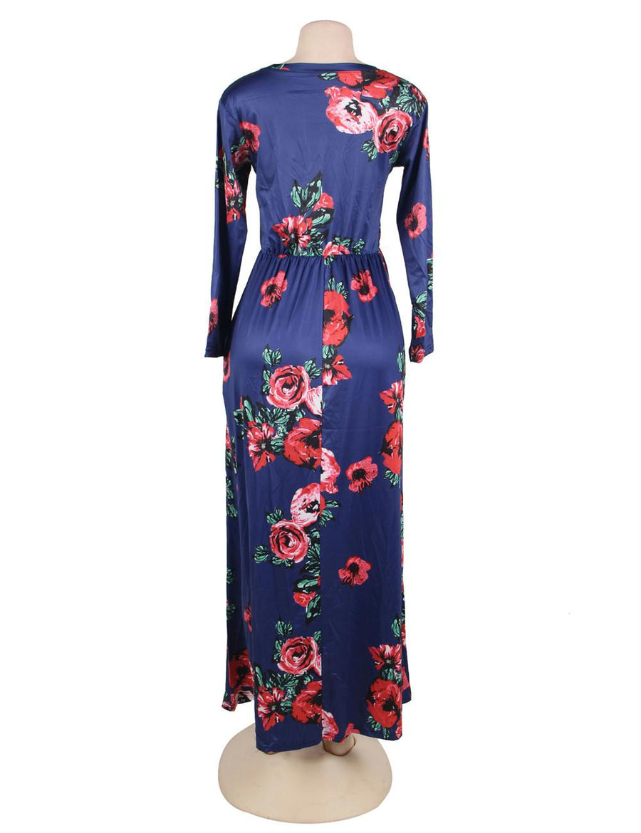 Pocket Design Long Sleeve Dark Blue Floral Maxi Dress