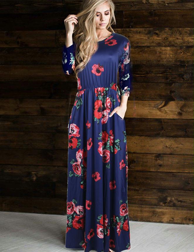 Pocket Design Long Sleeve Dark Blue Floral Maxi Dress