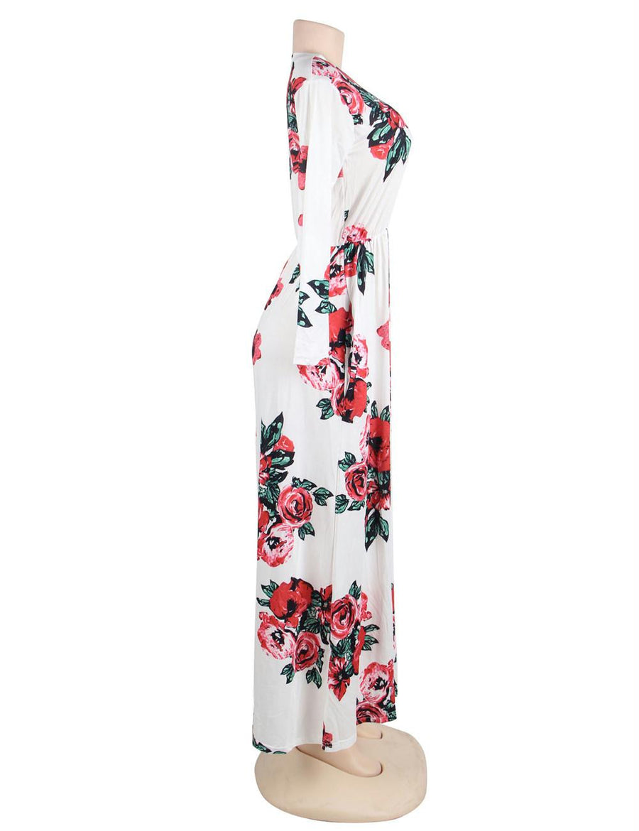 Pocket Design White Floral Long Sleeve Maxi Dress