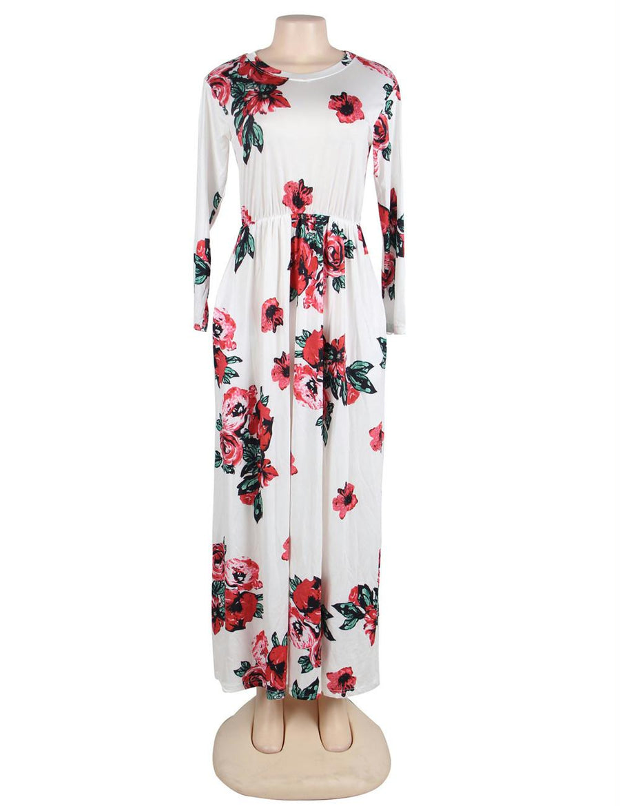 Pocket Design White Floral Long Sleeve Maxi Dress