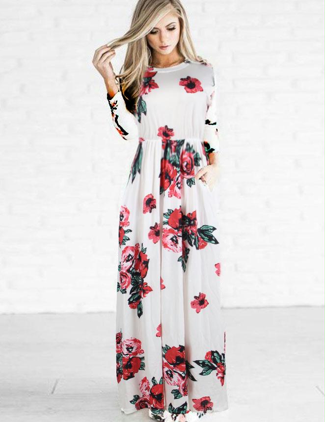 Pocket Design White Floral Long Sleeve Maxi Dress