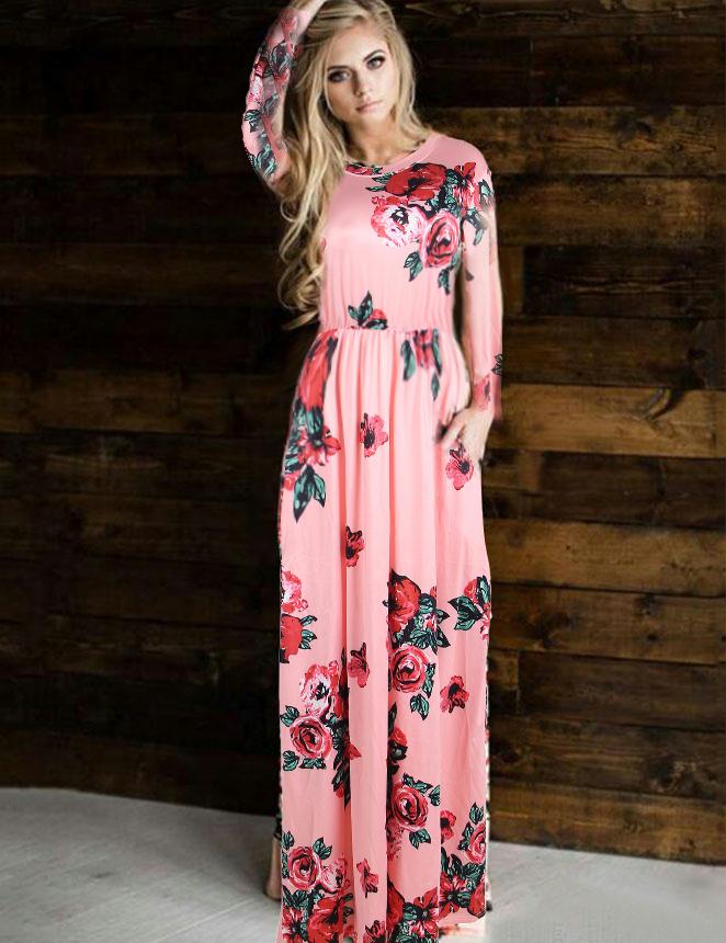 Pocket Design Pink Floral Long Sleeve Maxi Dress