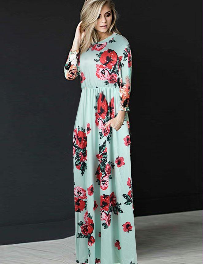 Pocket Design Green Long Sleeve Floral Maxi Dress