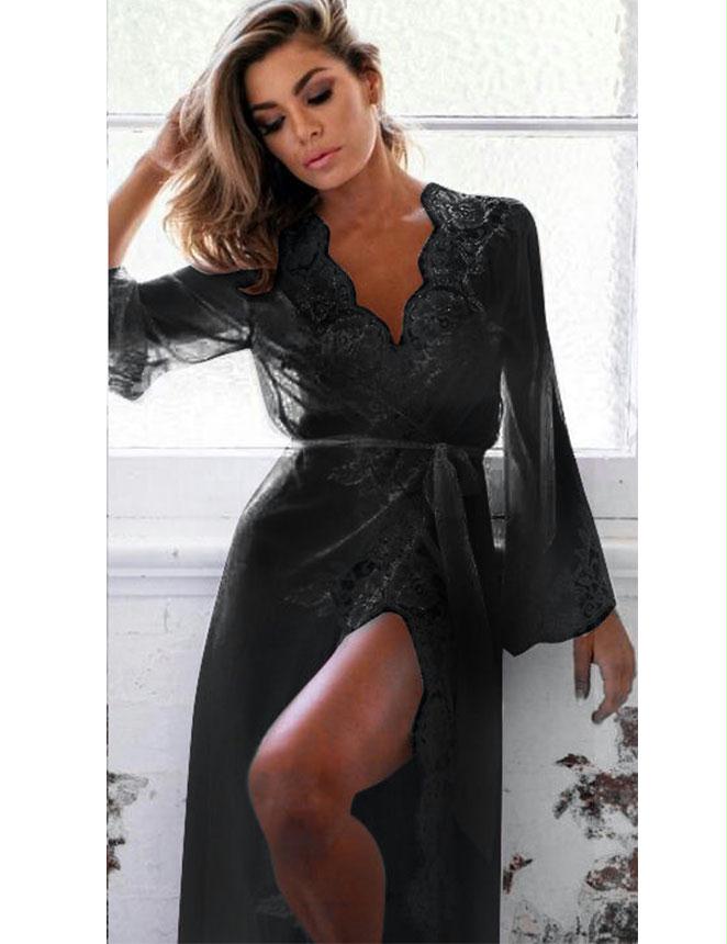 Black Long Sleepwear Delicate Lace Gown