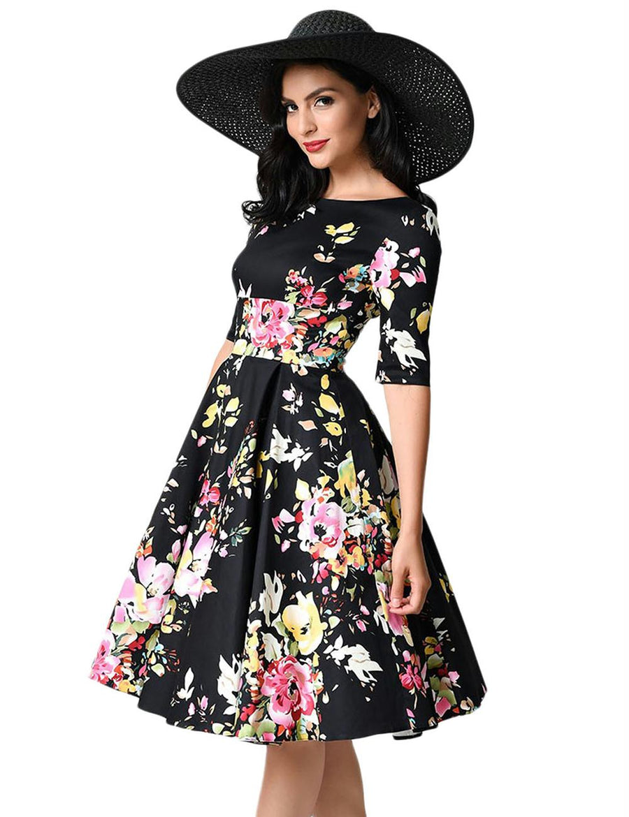 Half Sleeve Black Vintage Style Floral Swing Dress