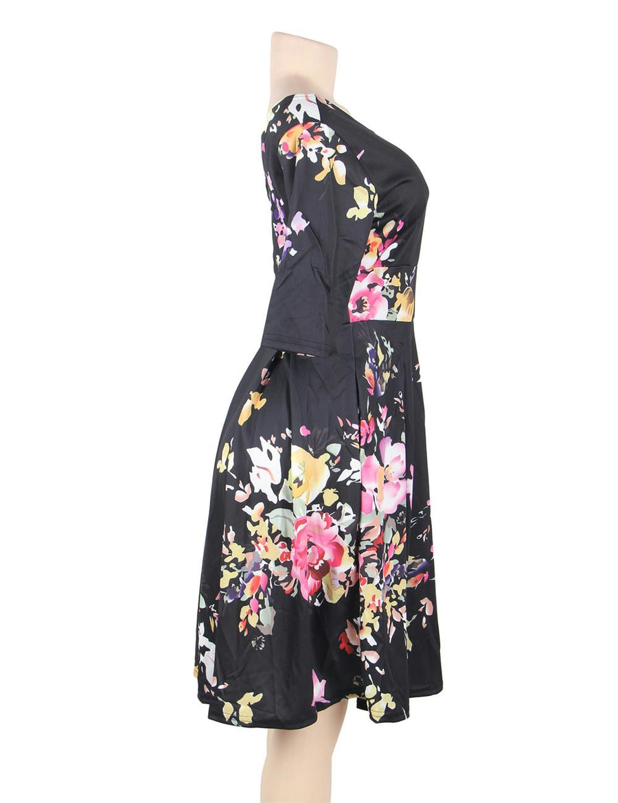 Half Sleeve Black Vintage Style Floral Swing Dress