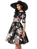 Half Sleeve Black Vintage Style Floral Swing Dress