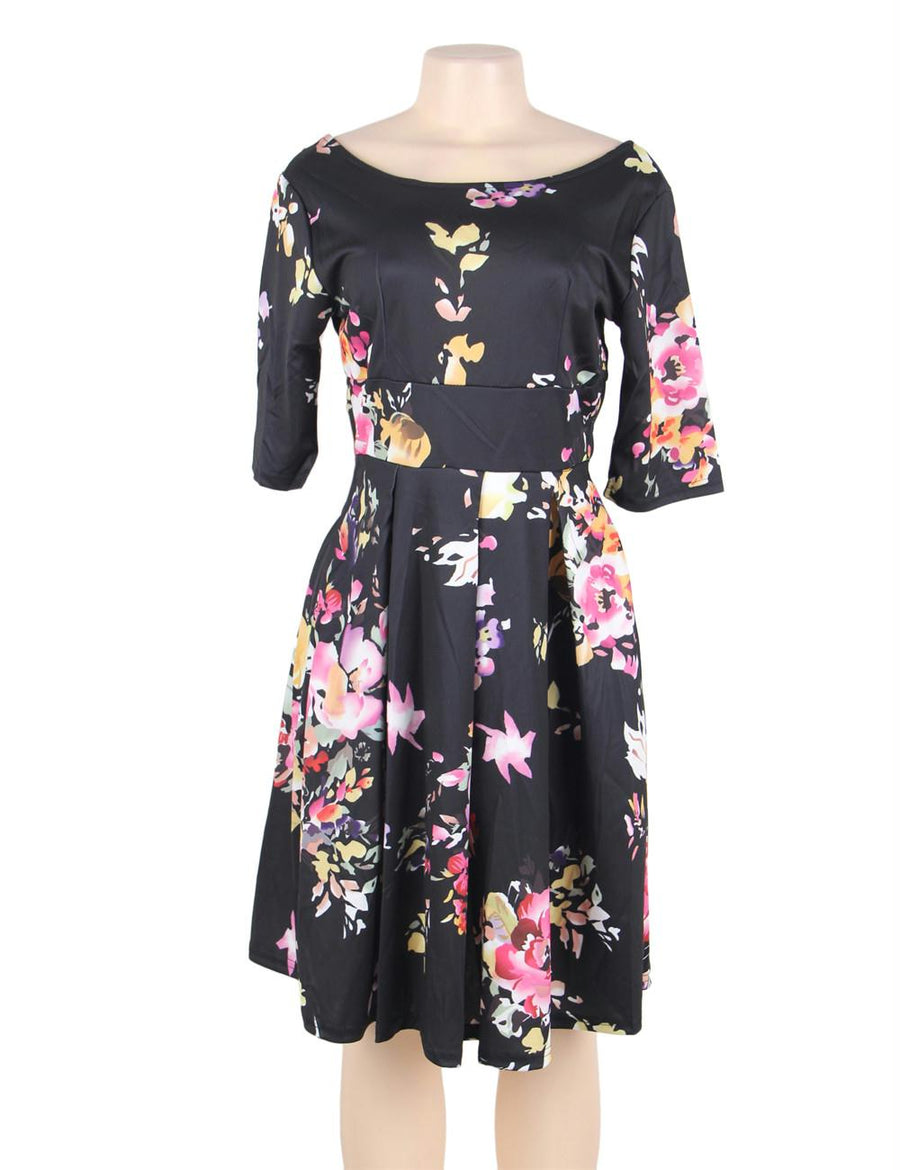 Half Sleeve Black Vintage Style Floral Swing Dress