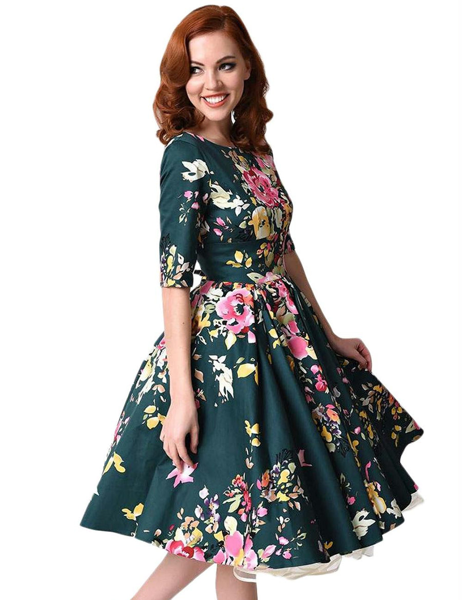 Half Sleeve Jasper Vintage Style Floral Swing Dress