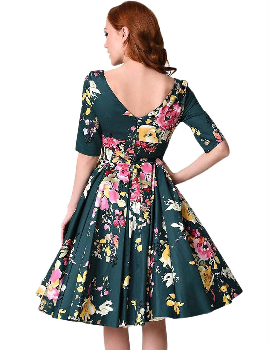 Half Sleeve Jasper Vintage Style Floral Swing Dress