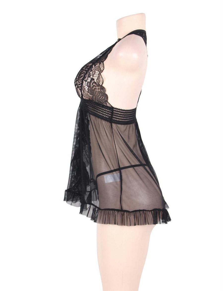 Black Sheer Mesh Halter Lingerie Set