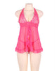 Halter  Pink Sheer Mesh Lace Lingerie Set