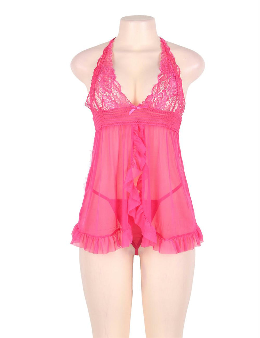 Halter  Pink Sheer Mesh Lace Lingerie Set