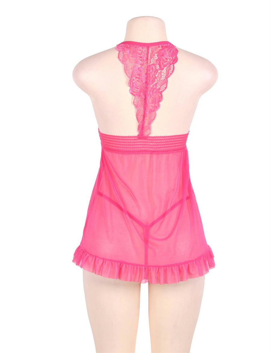 Halter  Pink Sheer Mesh Lace Lingerie Set