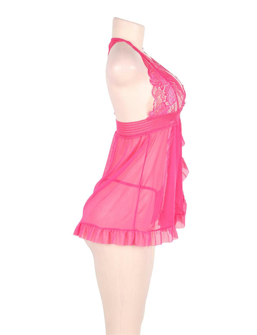 Plus Size Pink Sheer Mesh Babydoll Lingerie Set