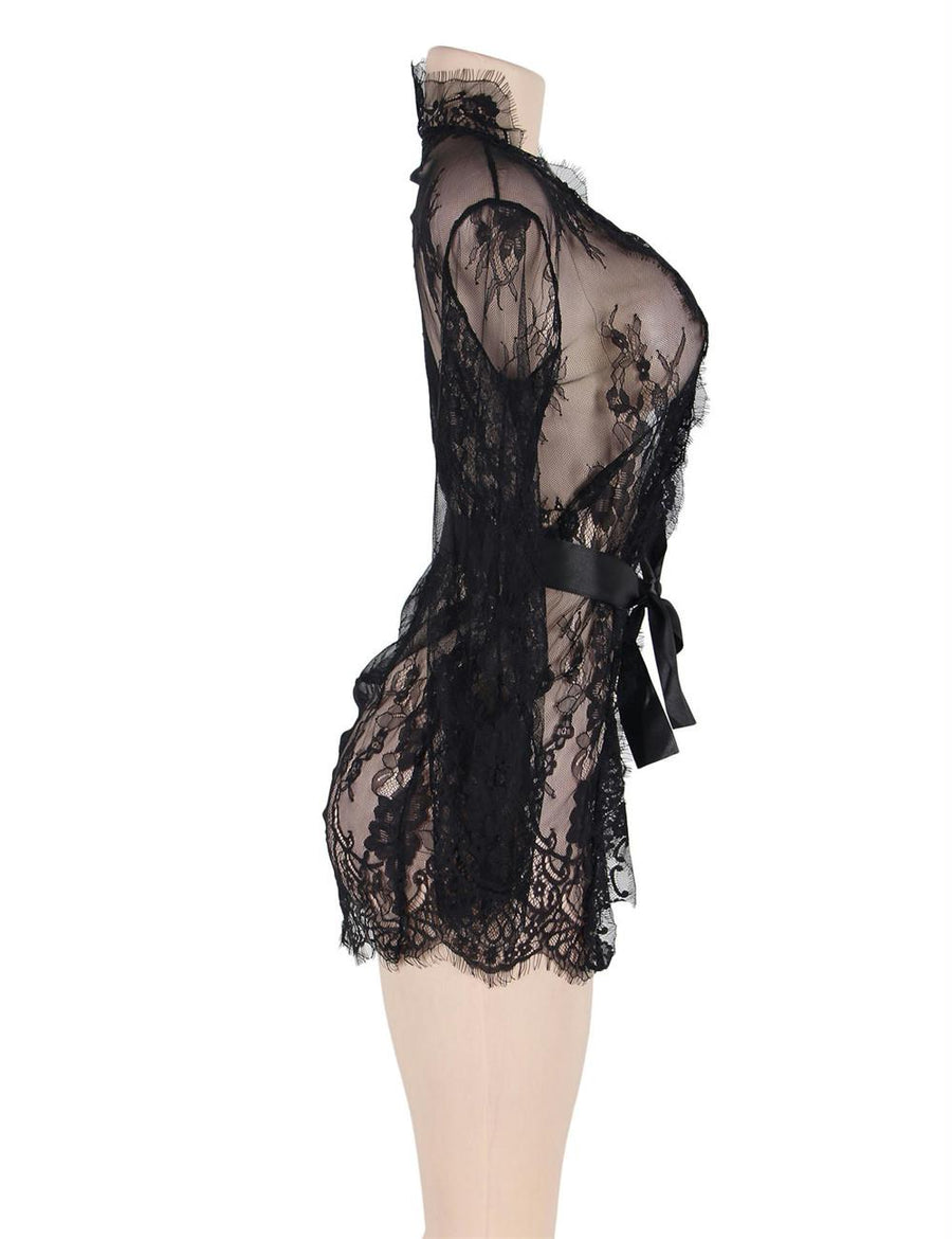 Eyelash Black Lace Sleepwear Gown