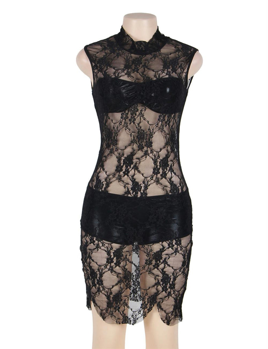 High Neck Black Lace Sleeveless Lingerie Set